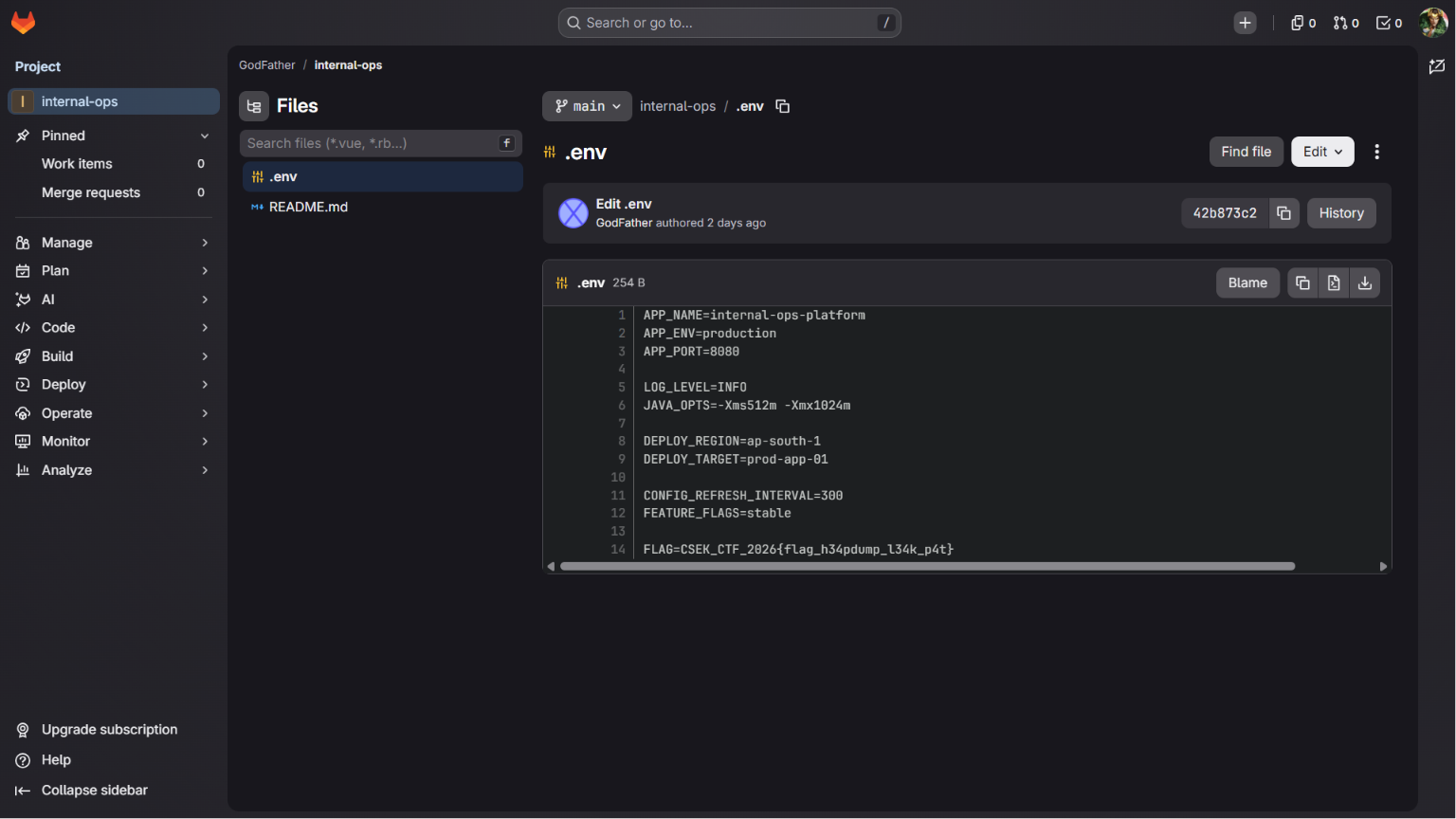 The public GitLab repository exposing the .env file.
